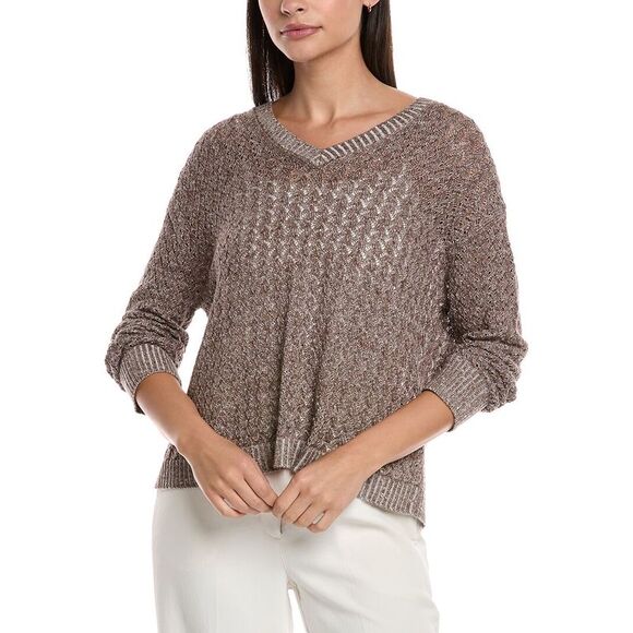 Lafayette 148 New York WomensCabled V-Neck Linen & Silk-Blend Sweater Brown